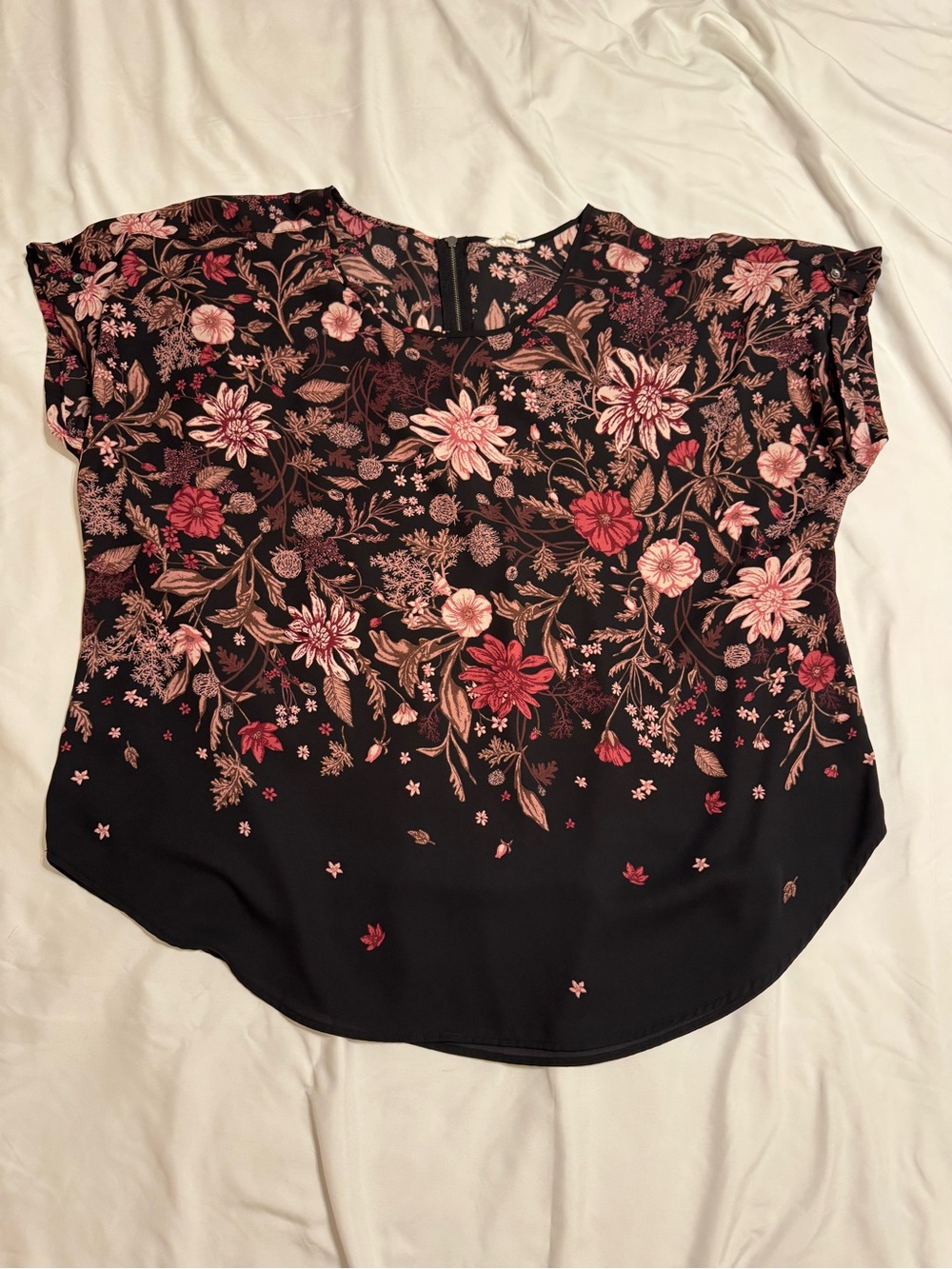 Maurices Black Floral Short Sleeve Top with Pink & Red Blooms